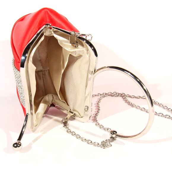 Red Evening Clutch with a Rhinestone Stripe and a Silver-Tone Metal Handle - Picture 9 of 9